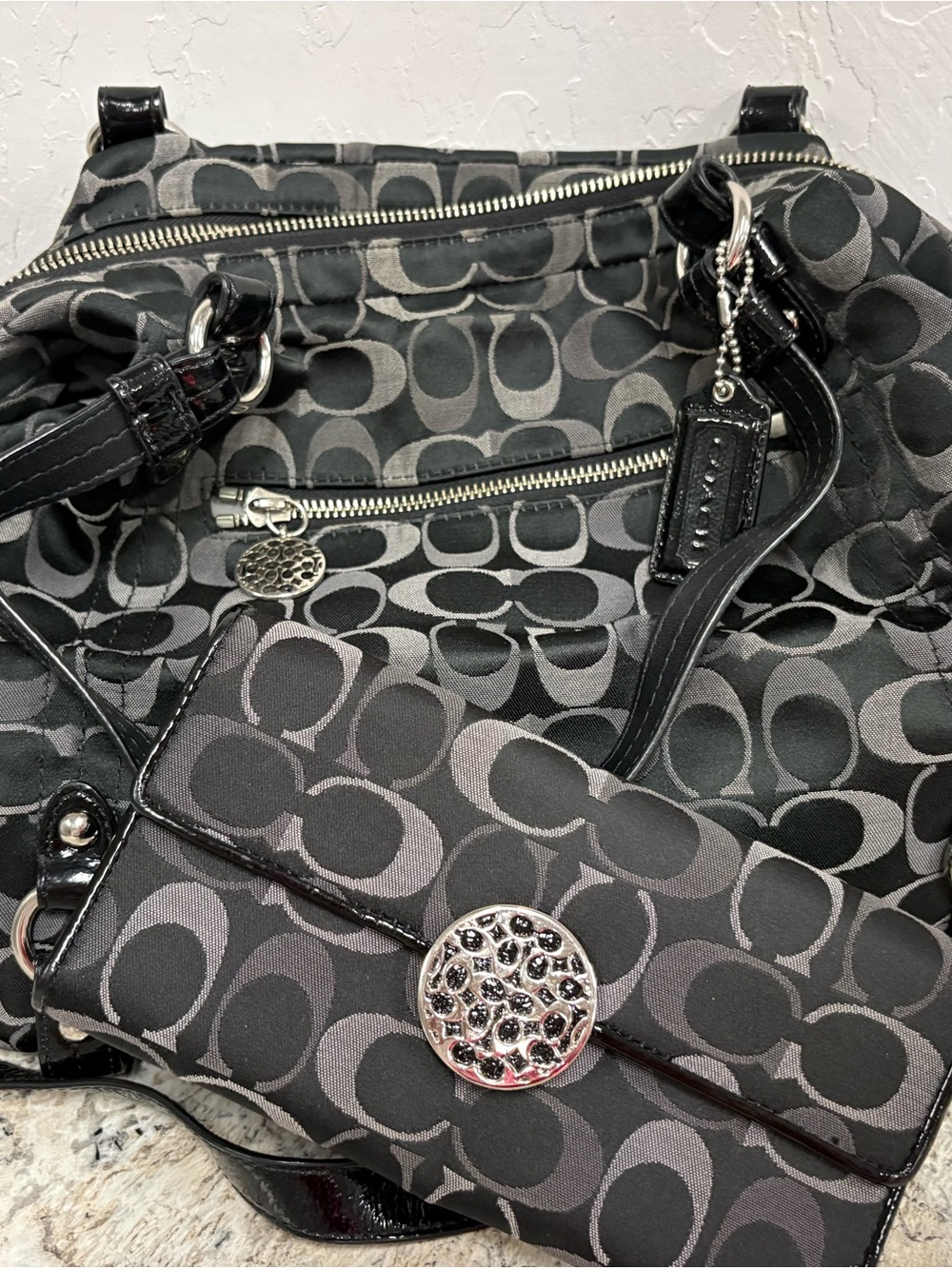 Coach Black and Gray Signature Shoulder Bag with Matching Wallet